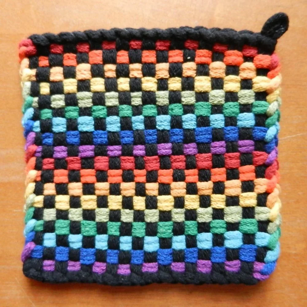 Set of 2 Handmade Artisan Woven Loomed Rainbow Fiesta Potholders Hot PadsTrivets